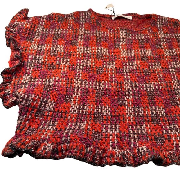 Zara Cropped Blouse Plaid Tweed Sweater Top Womens Knit Ruffled Sleeves Wool - Picture 2 of 16